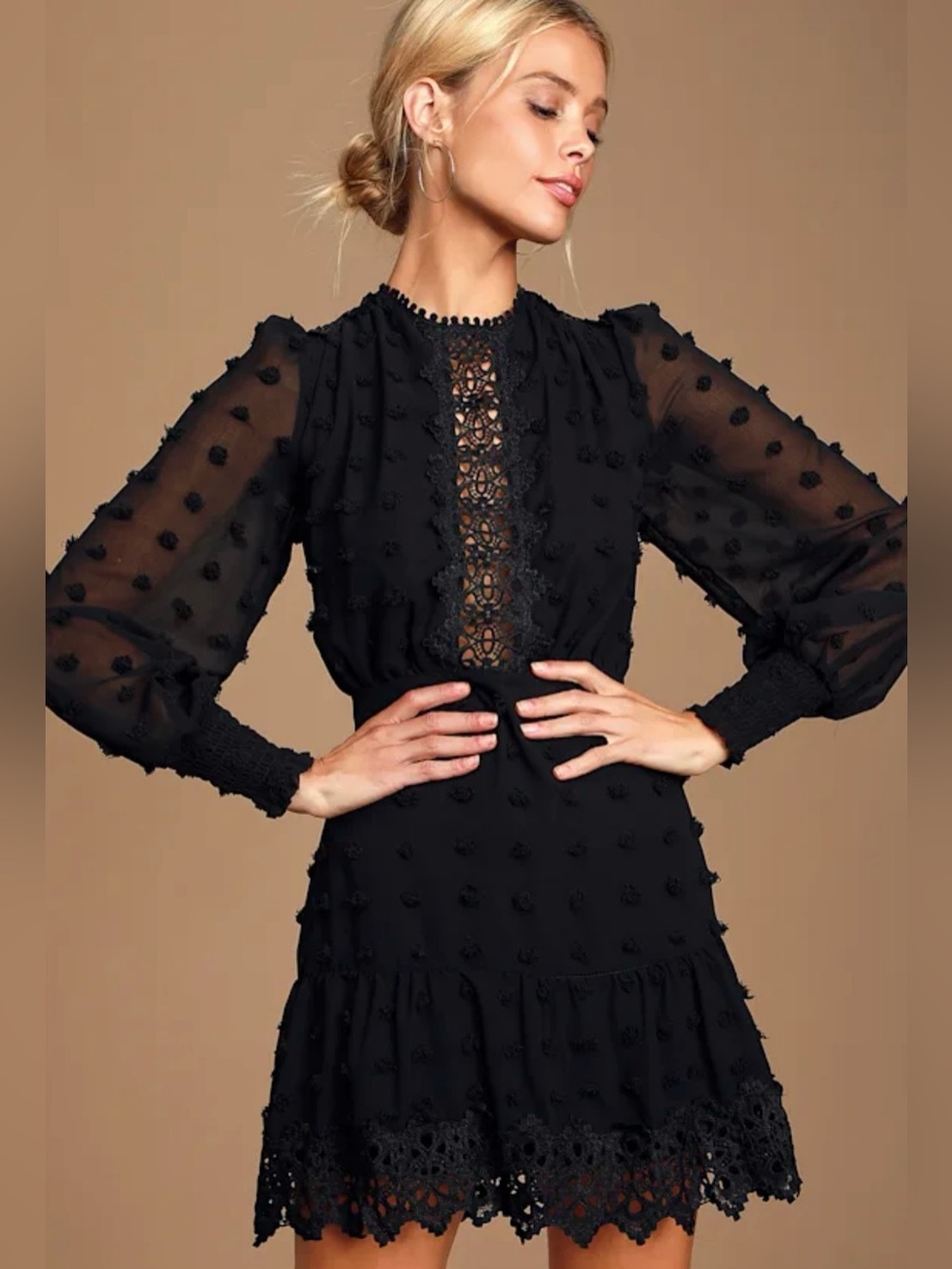 Lulus Black Swiss Dot Lace Long Sleeve Mini Dress S